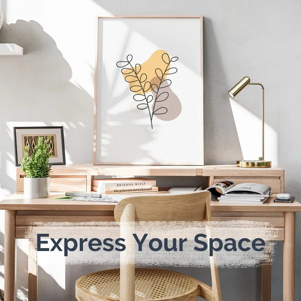 Framed abstract wall art print with minimalist line design on a desk in bright modern room – Artspot Abstract Prints Collection