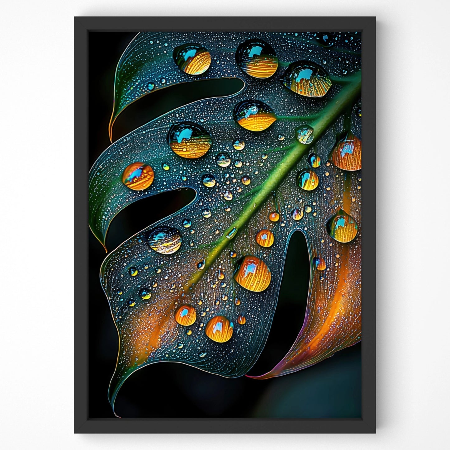 Close-up of a monstera leaf covered in shimmering dewdrops, reflecting warm golden tones, captured in a high-quality botanical wall art print.
