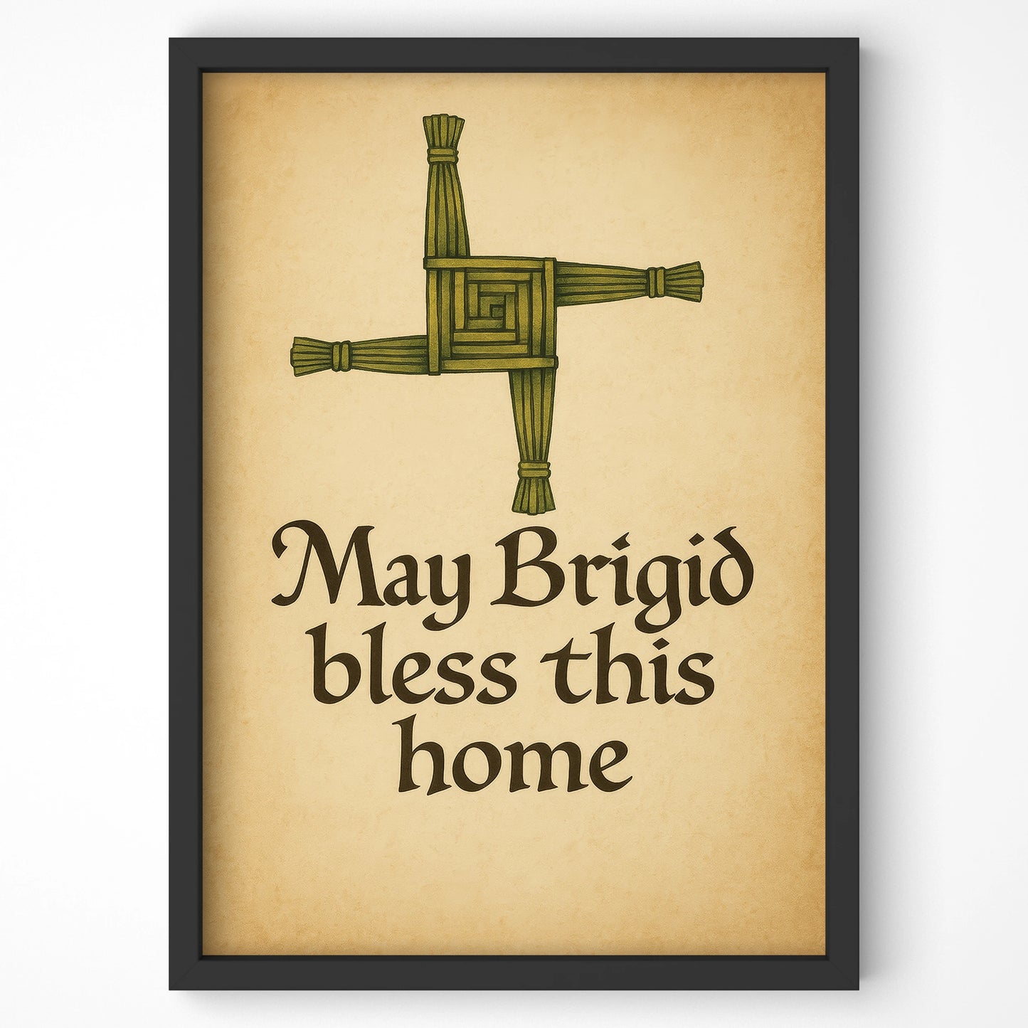Full front view of Brigid’s Cross Blessing Celtic mythology print in black frame on a plain white wall, simple and elegant.