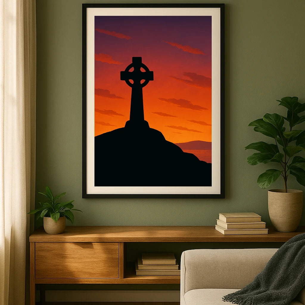Large framed Celtic Cross artwork in a modern green living room, styled with Irish-inspired home decor.