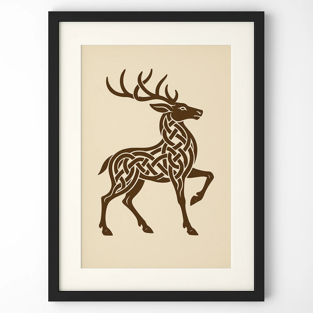 Close-up of Celtic stag in black frame, set against cream wall – inspired by ancient Celtic legends.