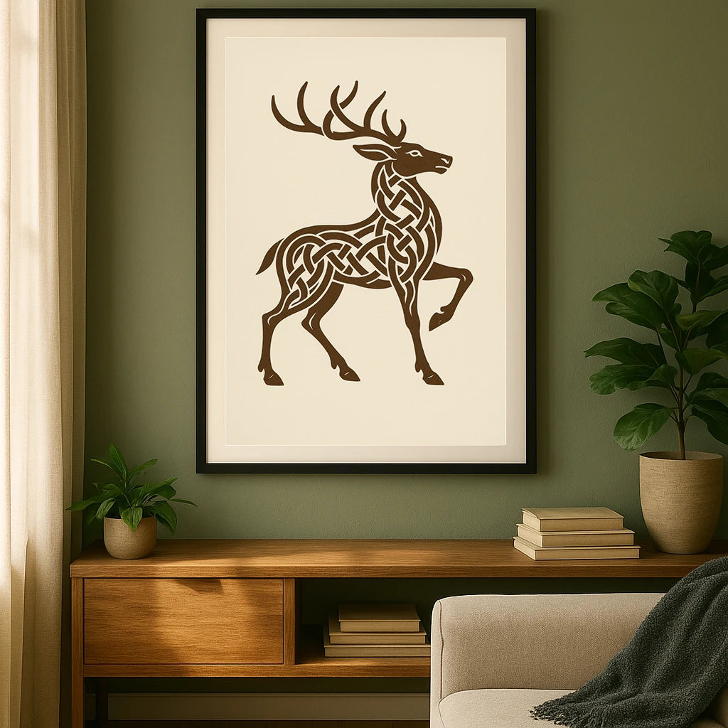 Large framed Celtic stag print on olive green wall, styled in living room with natural wood and plants – Celtic mythology decor.