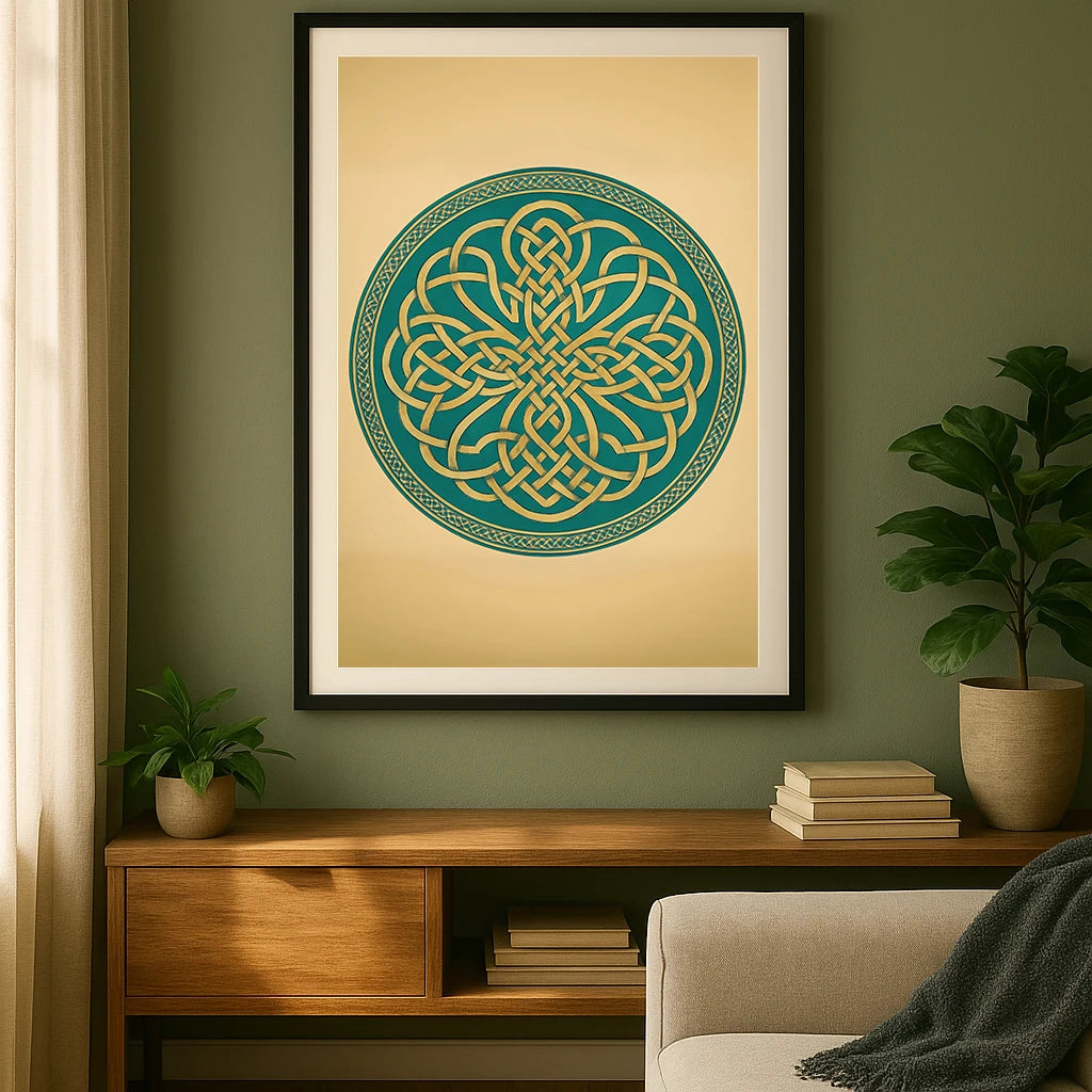 Large Celtic knot wall art in a black frame on a green wall above a wooden sideboard, styled with books and plants.