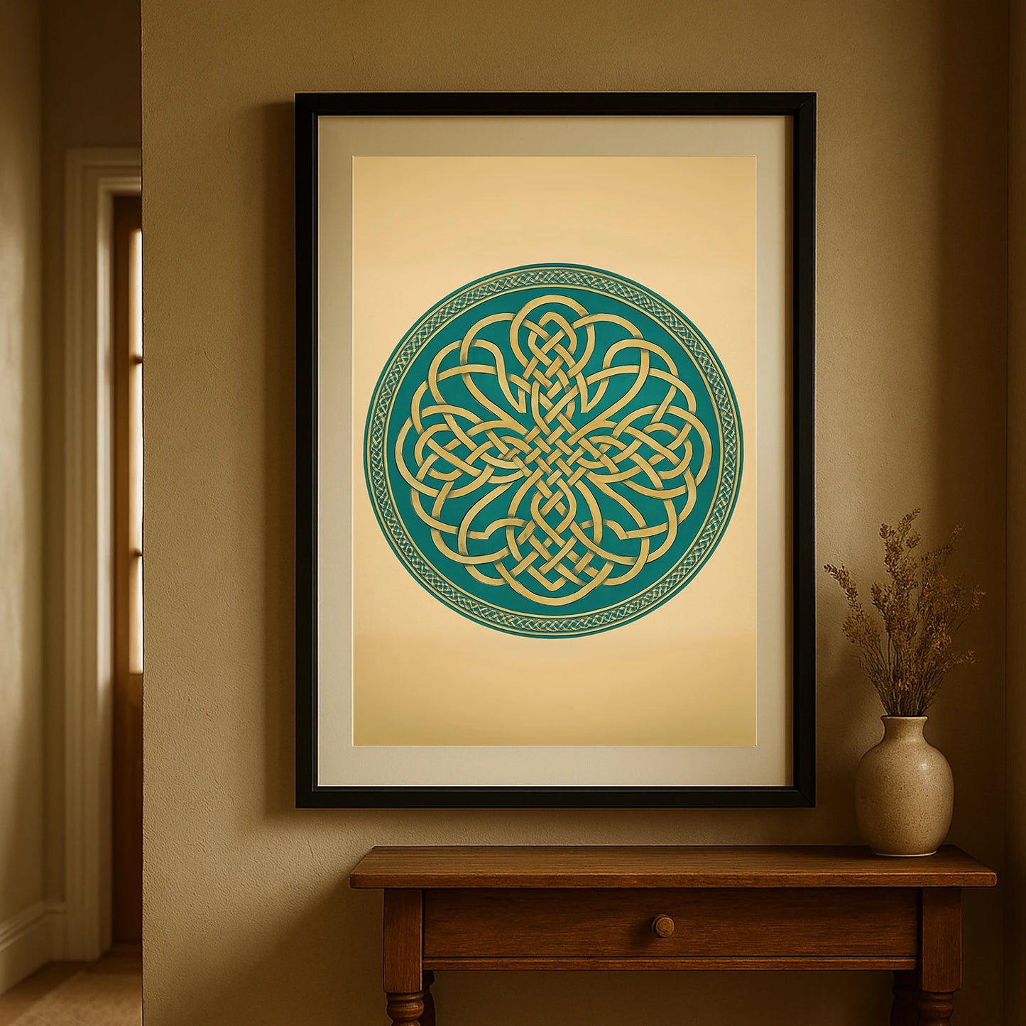 Celtic mandala knot art in a black frame hanging in a narrow hallway with warm beige walls and soft natural light.