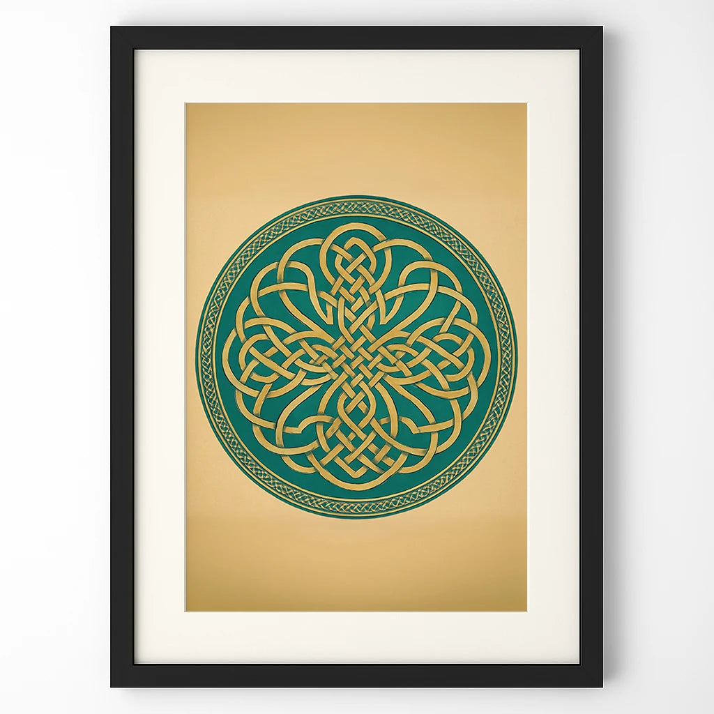 Close-up of the Celtic mandala knot artwork against a white wall, framed in black with a white border.