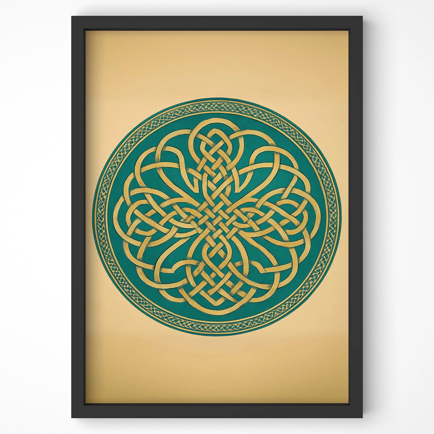 Full view of the framed Celtic knot print, bold green and gold design on a soft tan background.