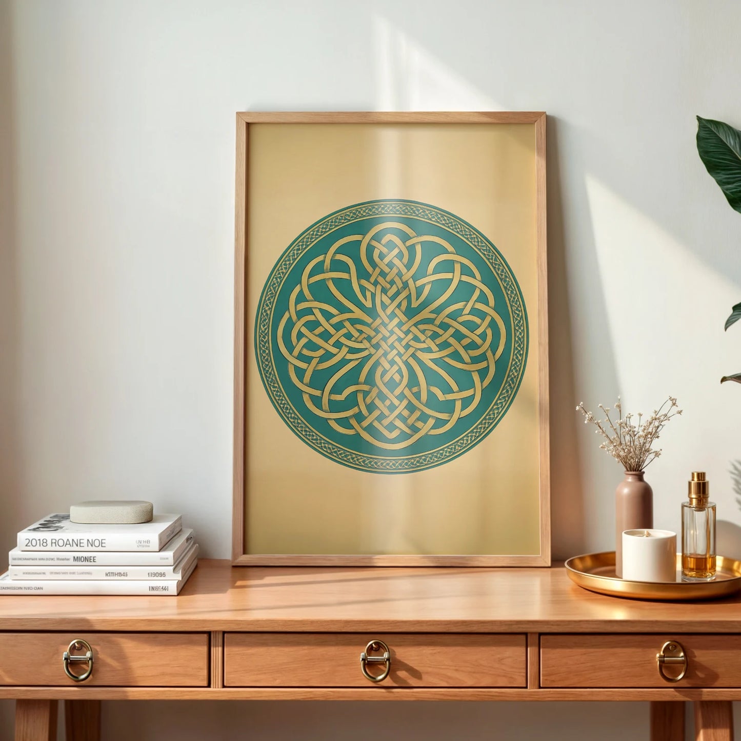 Natural wood frame showing Celtic mandala knot artwork on a light wooden console table, styled with neutral decor.