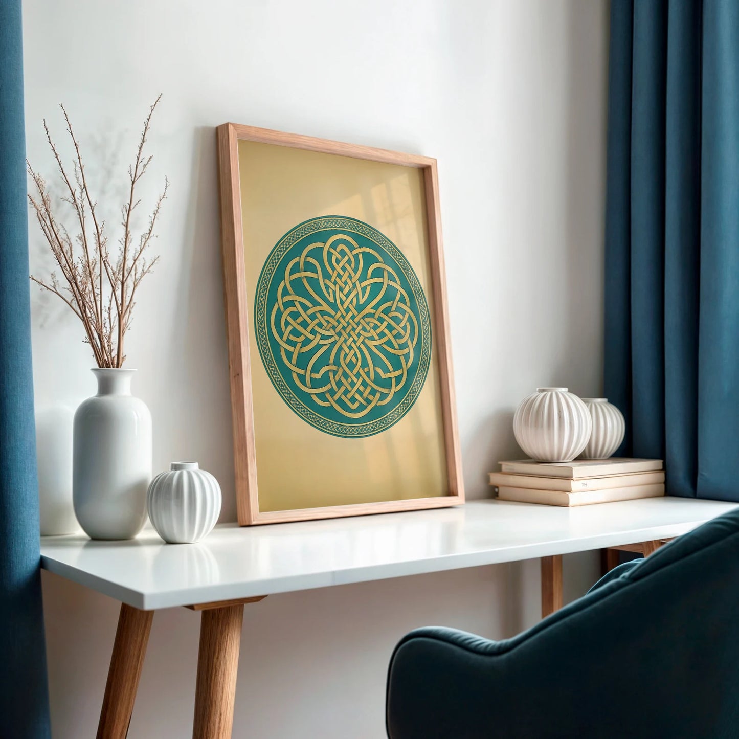Side view of the Celtic knot print in a natural wood frame on a white desk, beside white ceramic vases and books.