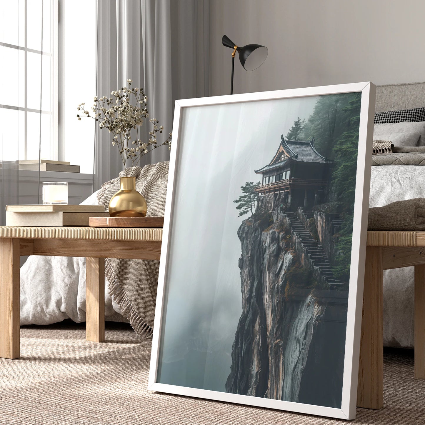 Temple stairs descending a steep rock face, premium Japan travel wall art