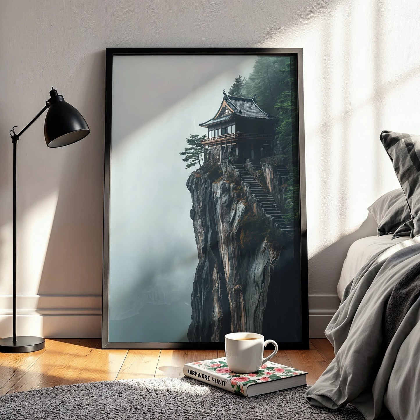 Serene mountain fog surrounding a traditional Japanese temple, travel wall art