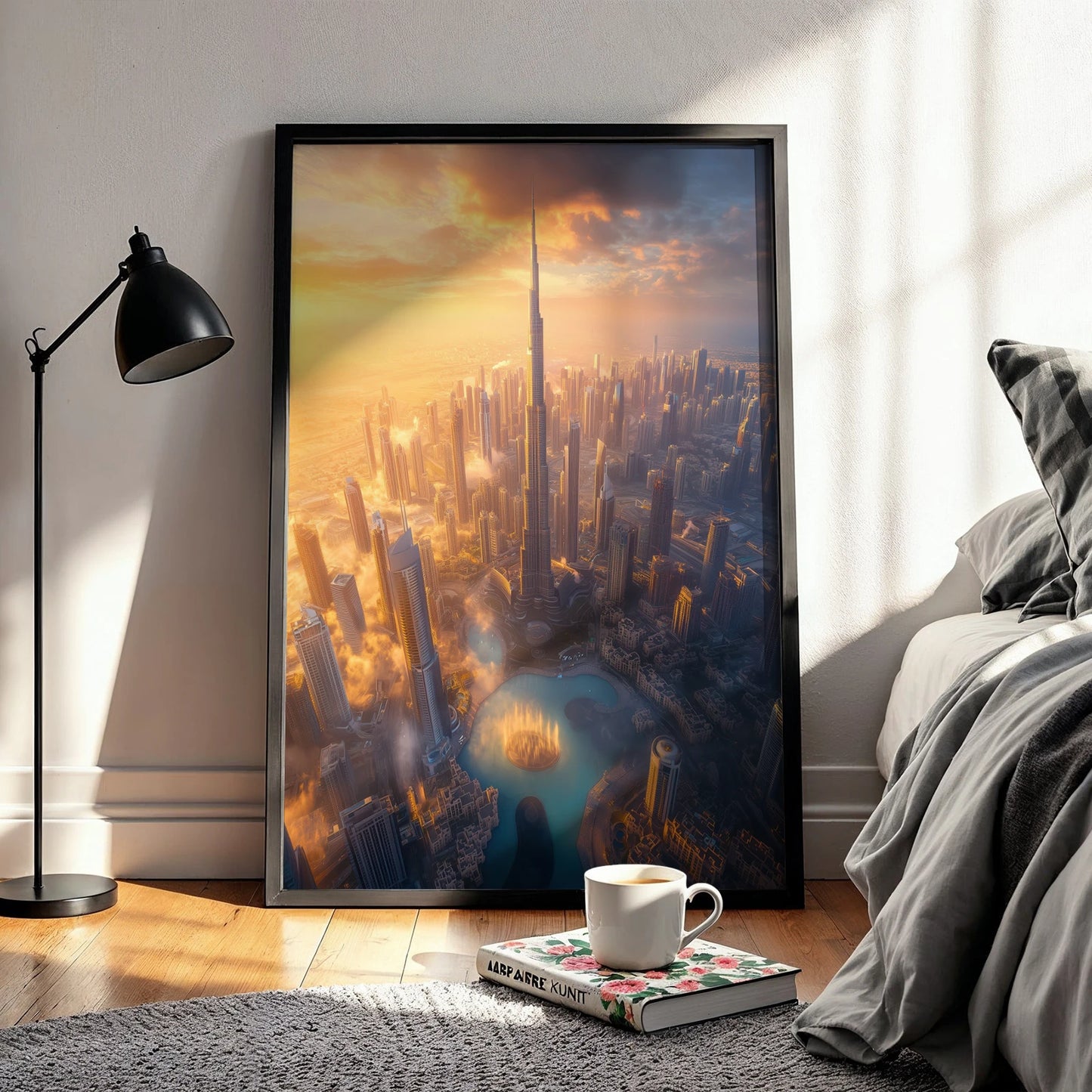 Dubai cityscape at sunset with the Burj Khalifa towering among modern skyscrapers against a warm golden sky, captured in a vibrant travel print.
