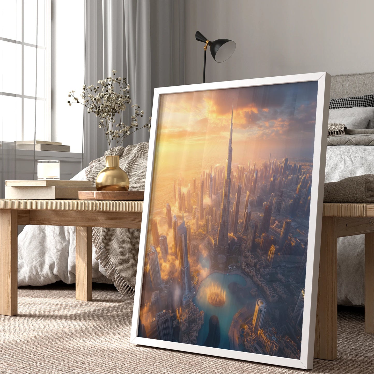 Golden-hued evening view of downtown Dubai with the Burj Khalifa under a radiant sunset sky, presented as a premium city skyline art print.