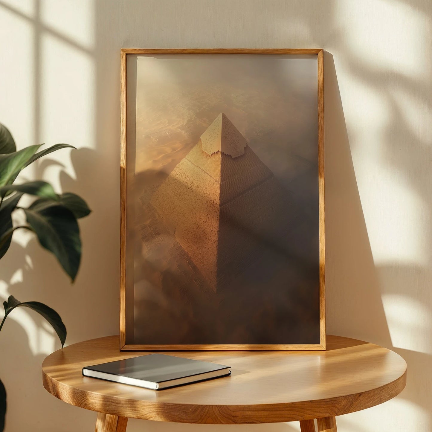 Golden pyramid wall art print showcasing warm desert ambiance on a table