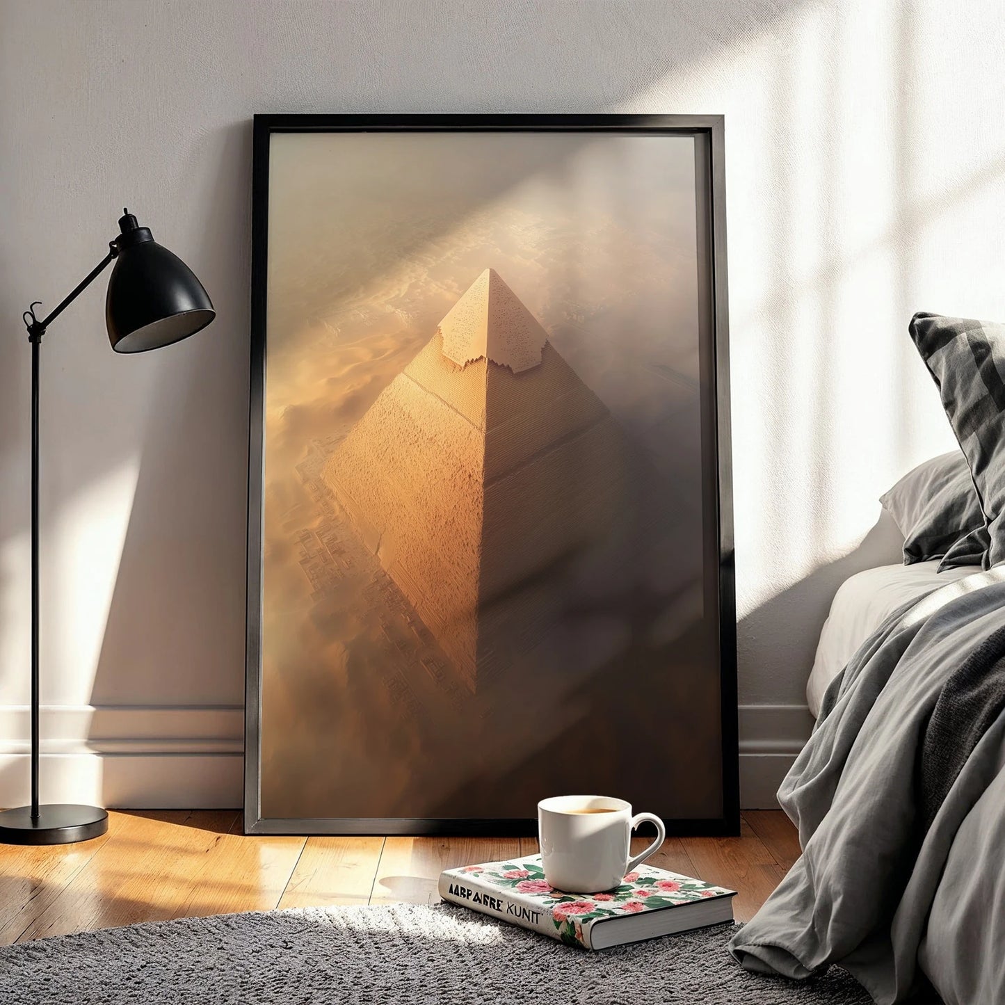 Framed pyramid travel print placed on a bedroom floor with soft lighting