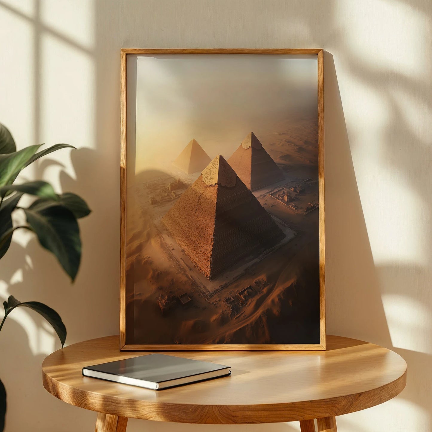 Egyptian pyramids glowing in soft morning light, perfect for wanderlust home décor.