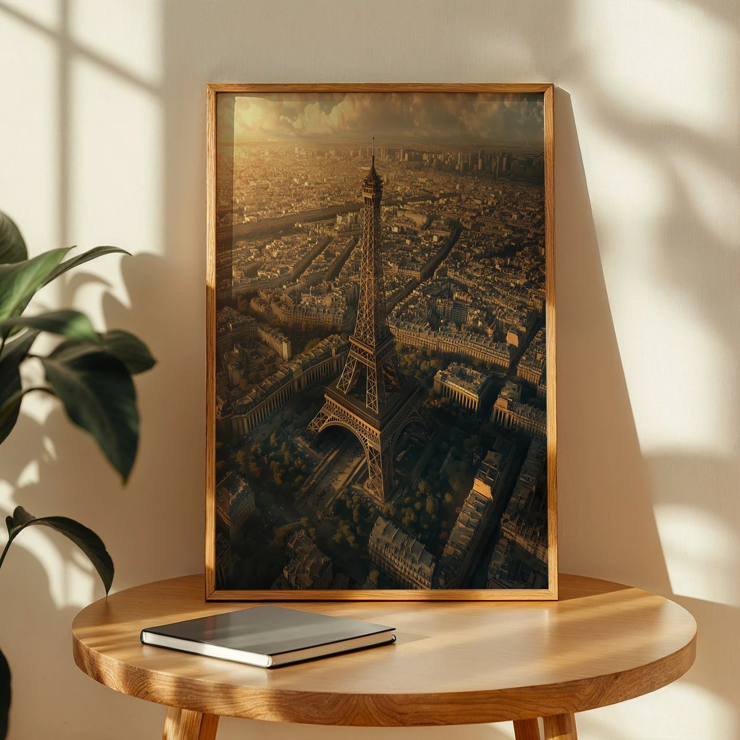 Eiffel Tower travel print displayed in a modern bedroom setting, highlighting warm golden tones and Paris skyline