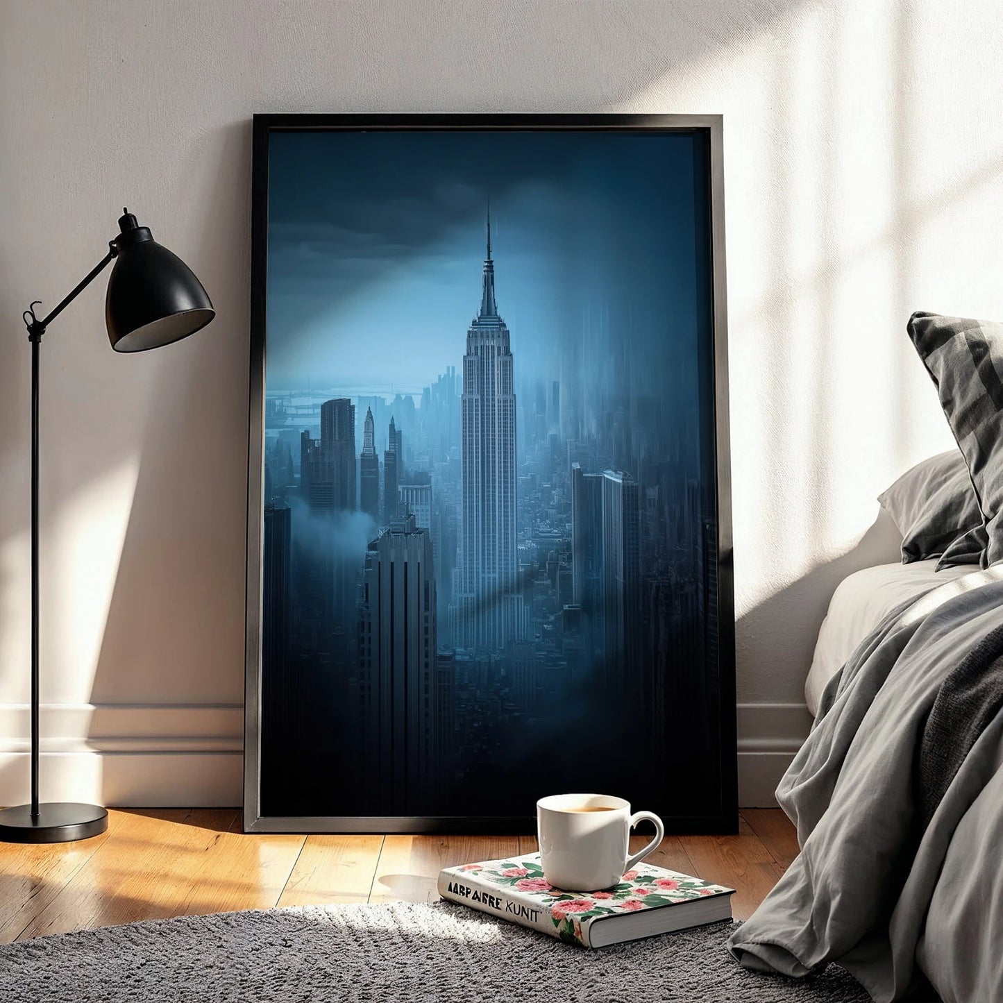 Empire State Building above a blue-tinged cityscape, perfect for urban-inspired travel wall art