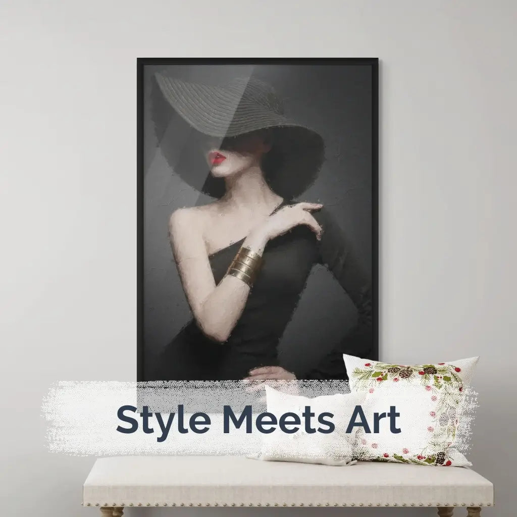 Elegant fashion wall art print of a woman in black hat and dress, styled in chic interior – Fashion & Beauty Prints from Artspot