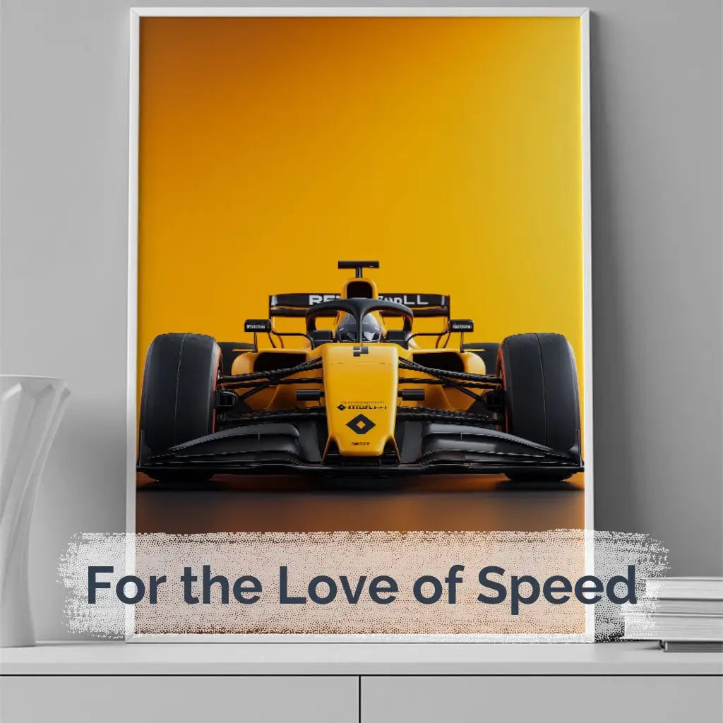 Framed Formula 1 race car wall art with bold yellow background, ideal for motorsport fans – Car Posters Collection at Artspot