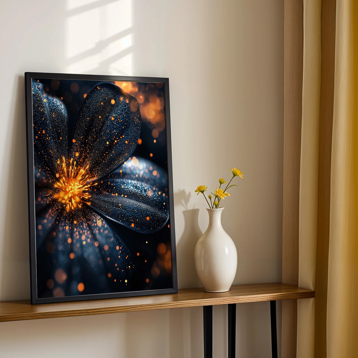 Gold-framed botanical glow print featuring a dark midnight flower with warm golden highlights, ideal for elegant home decor.