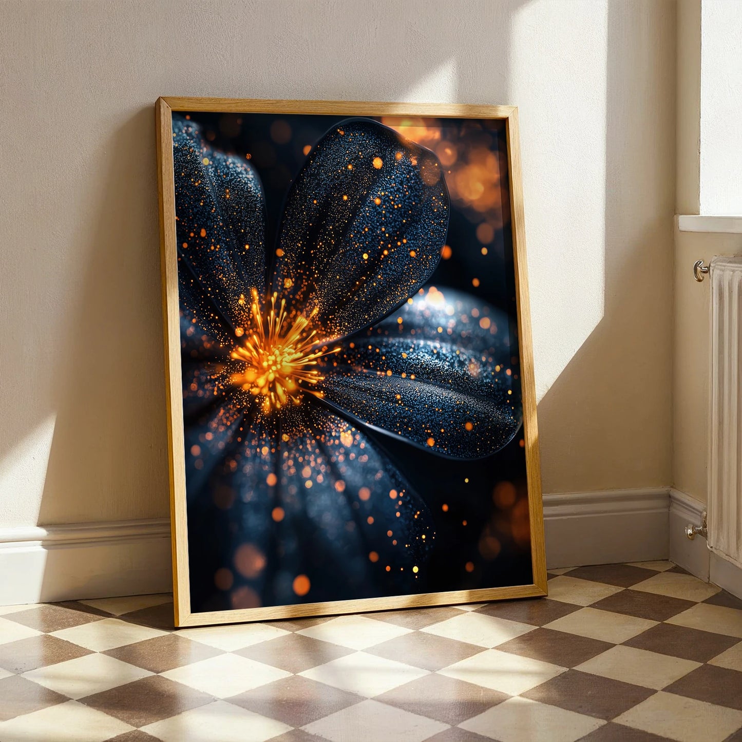 Framed floral print with celestial-inspired details, blending deep blues and fiery golds for a dramatic yet sophisticated statement piece.