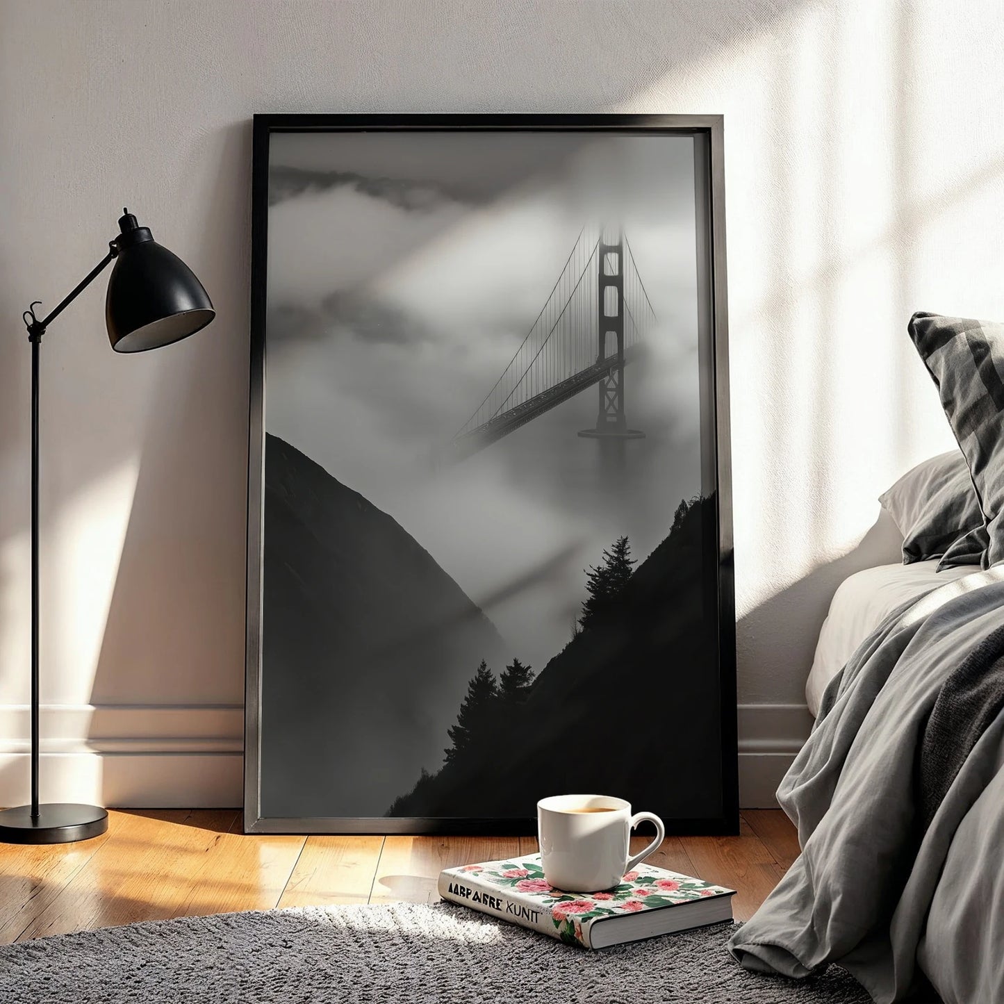 Golden Gate silhouette emerging from clouds, a striking travel print for modern interiors