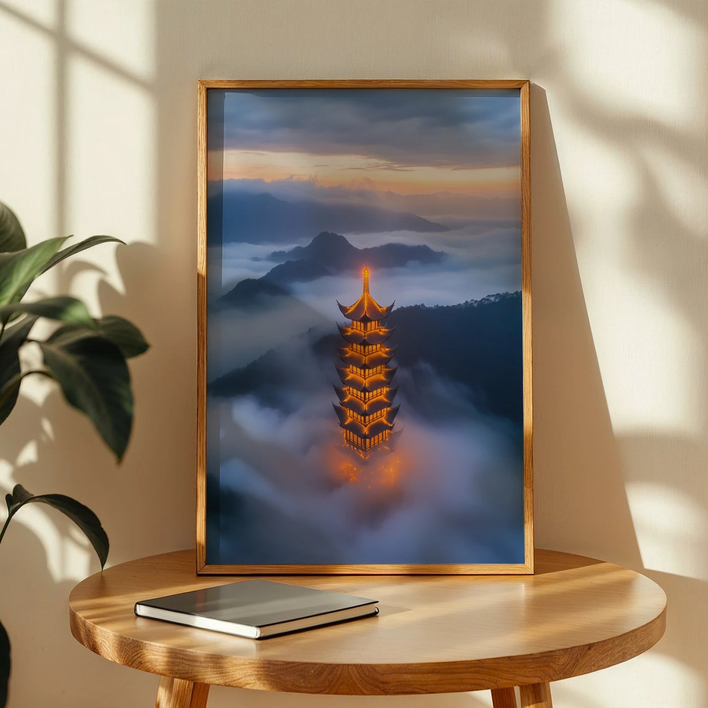 Serene view of glowing pagoda in clouds, ideal for modern travel wall art