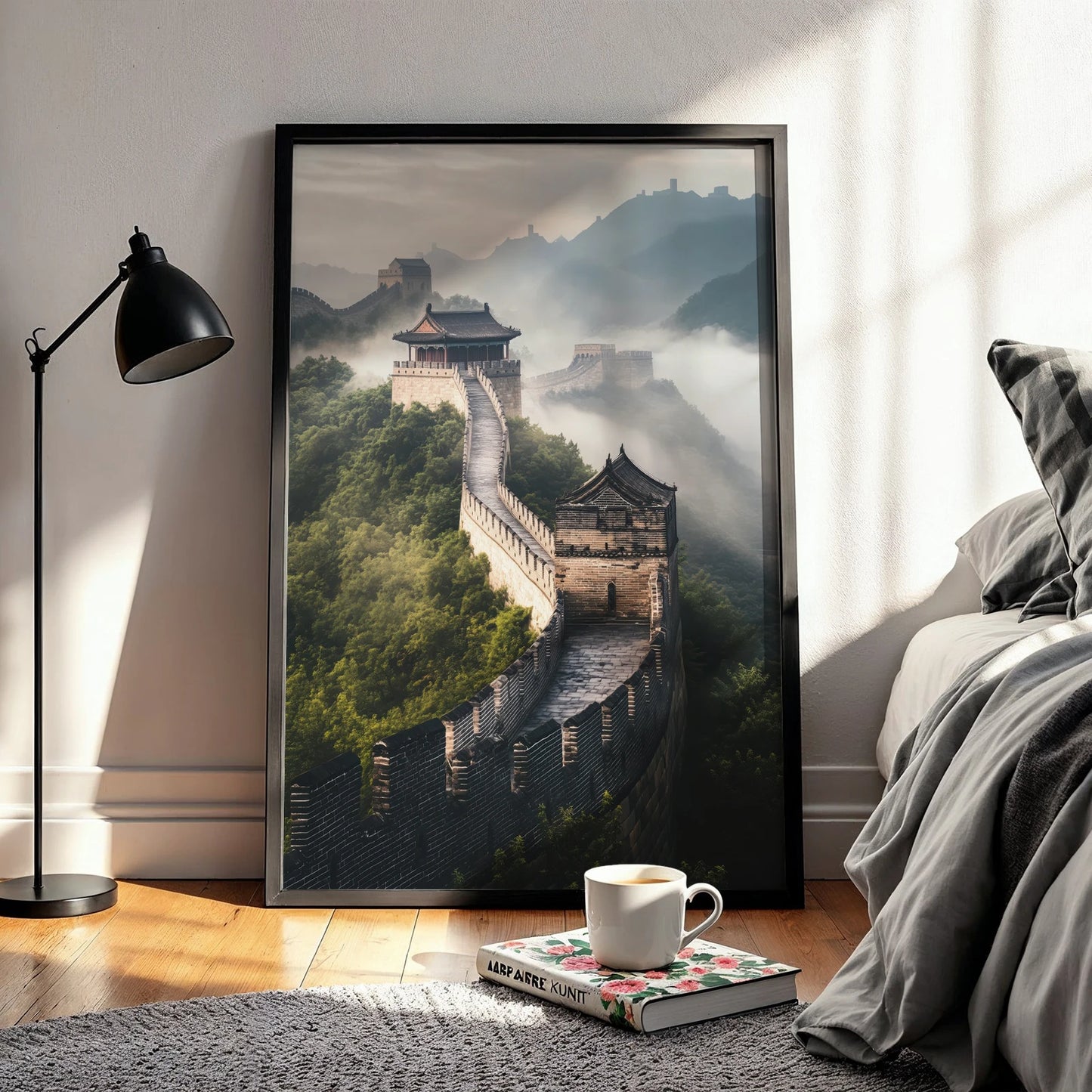 Historic Chinese architecture in rolling hills, a statement Great Wall travel print