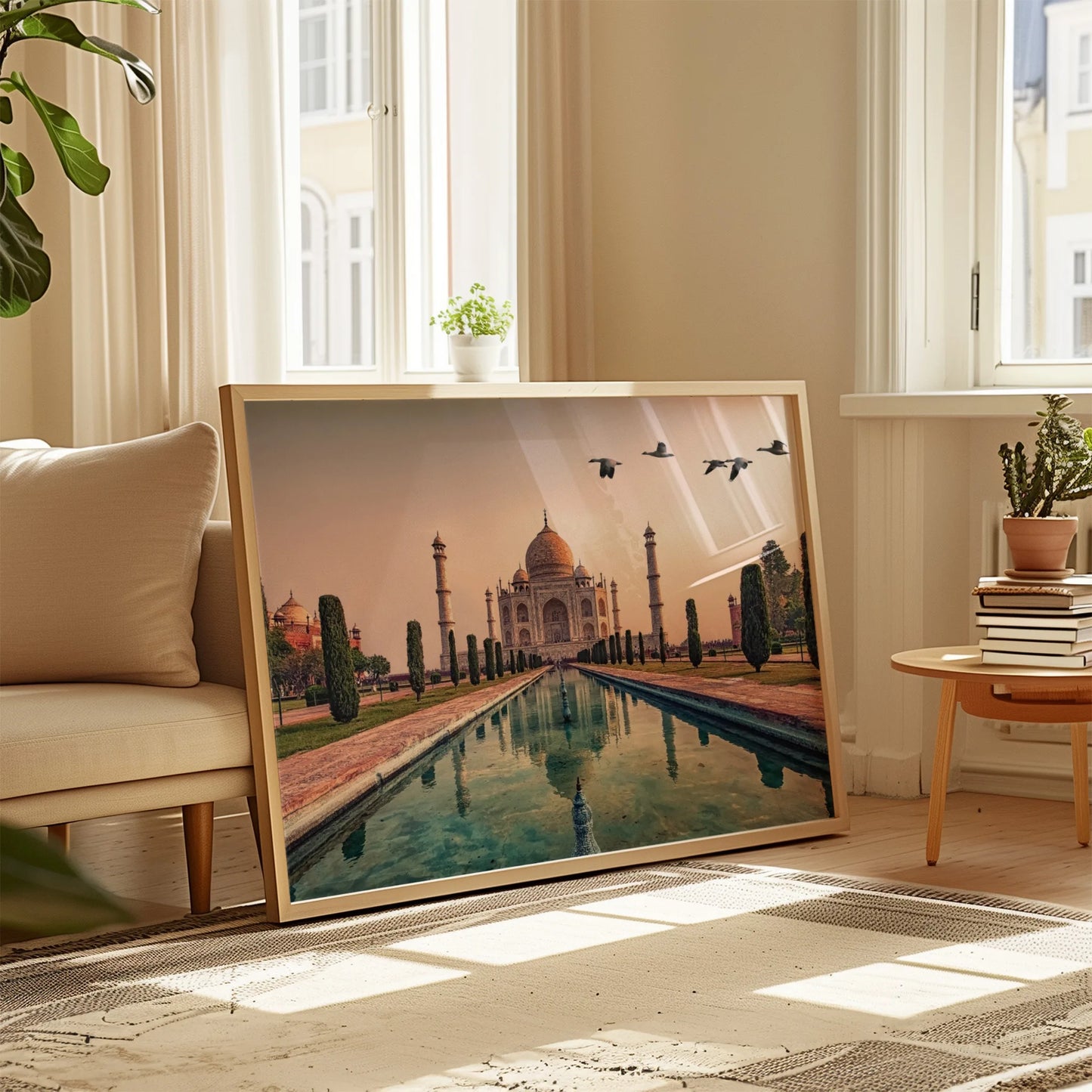 The framed Taj Mahal print displayed on a minimalist wall, complementing a contemporary interior.
