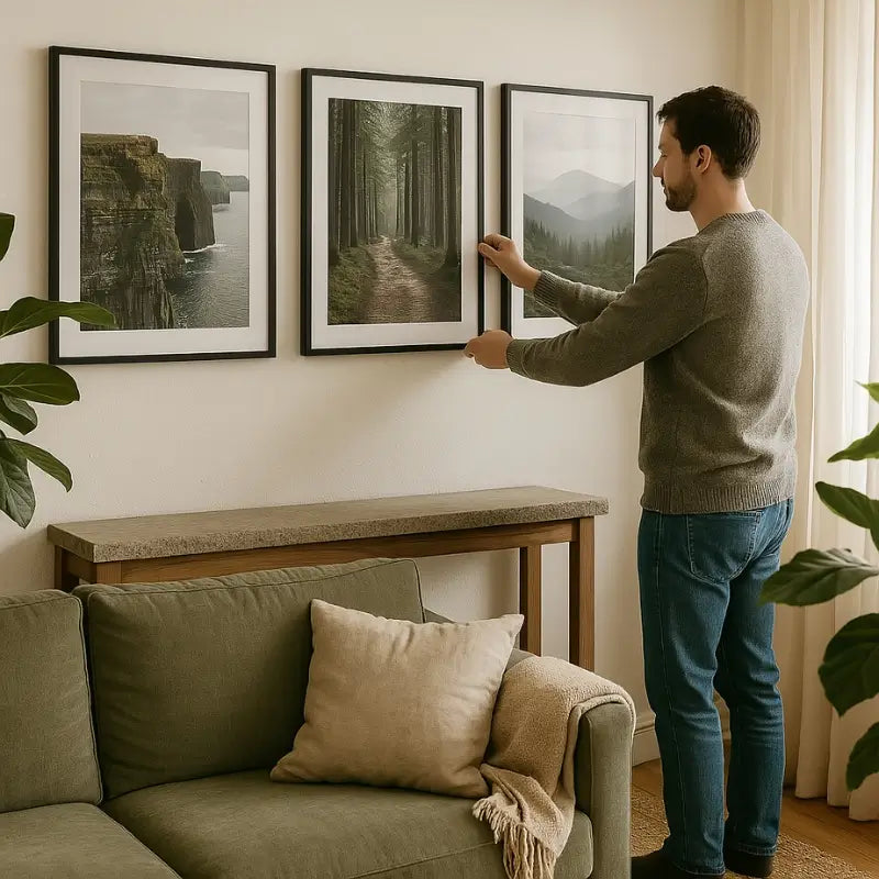 Artspot Nature & Landscape wall art collection displayed in a bright living room, featuring framed Irish scenic prints of cliffs, forests, and mountains. A man hangs an A2 print beneath soft natural light, surrounded by minimalist decor and indoor plants.