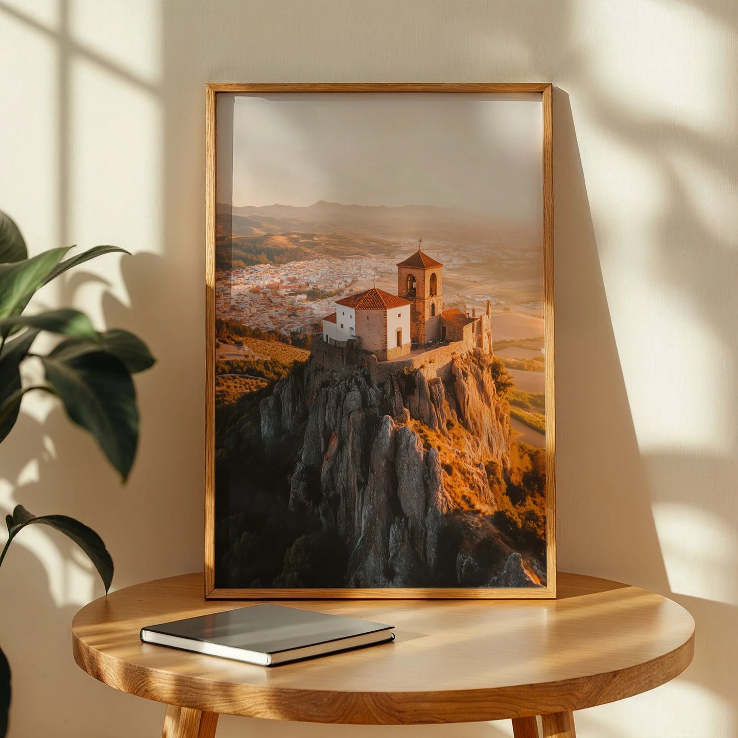Golden-hour shot of a mountaintop fortress overlooking a valley, travel décor