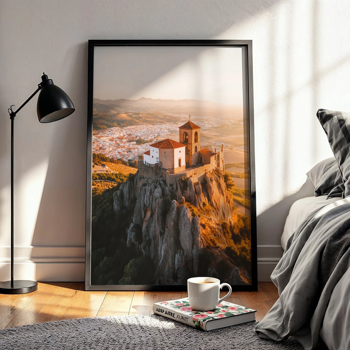 Sweeping Spanish landscape with cliffside church, perfect travel wall art