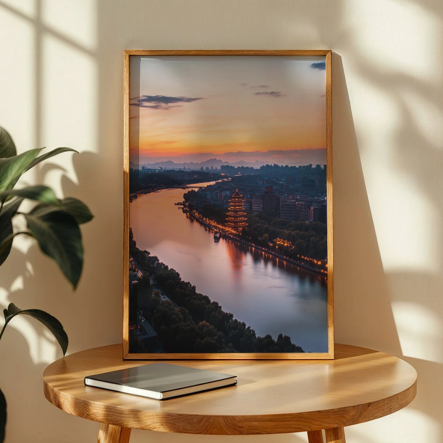 Evening cityscape reflection with a lit pagoda by the water, perfect travel décor