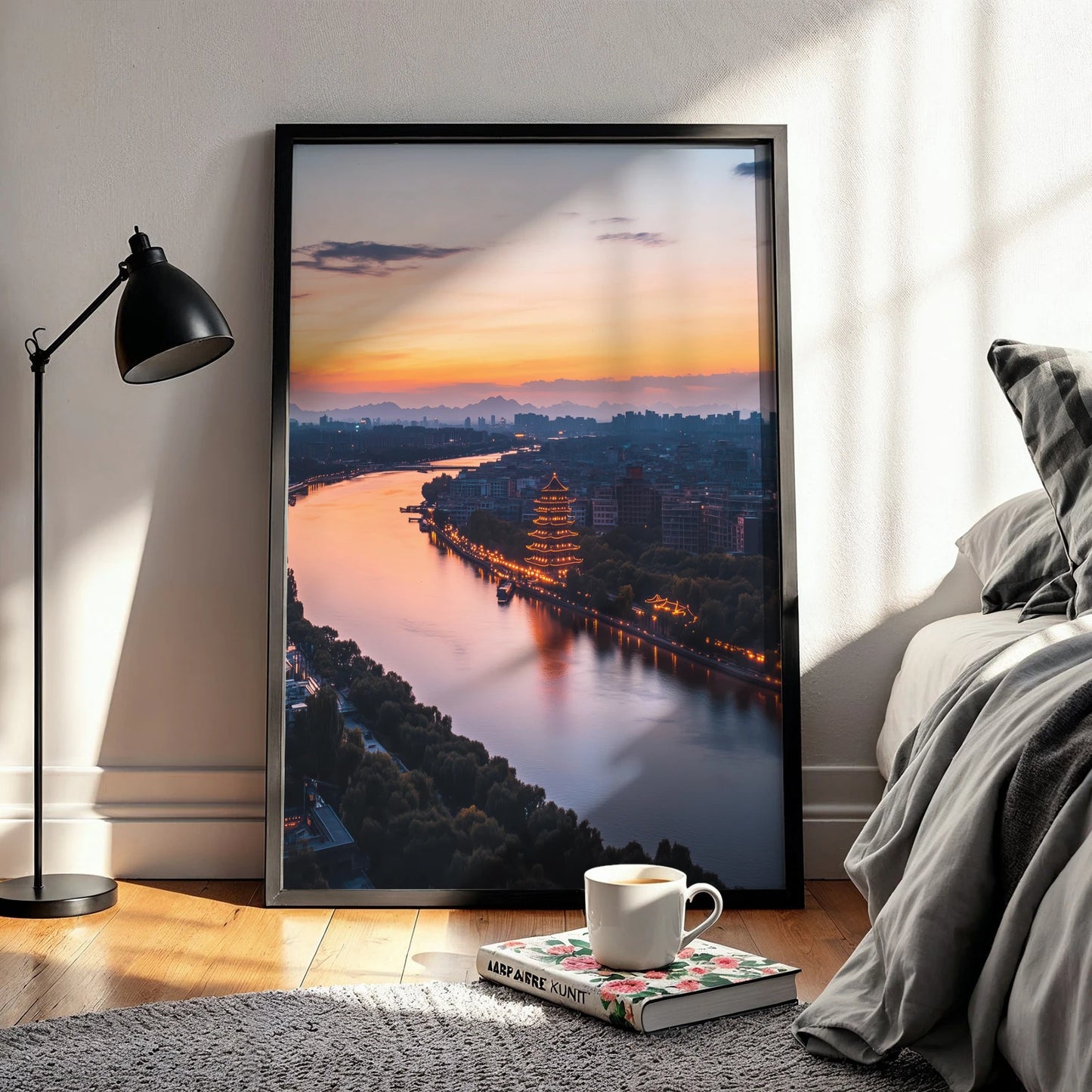 Dusk river scene featuring pagoda silhouette and warm city lights, travel wall art