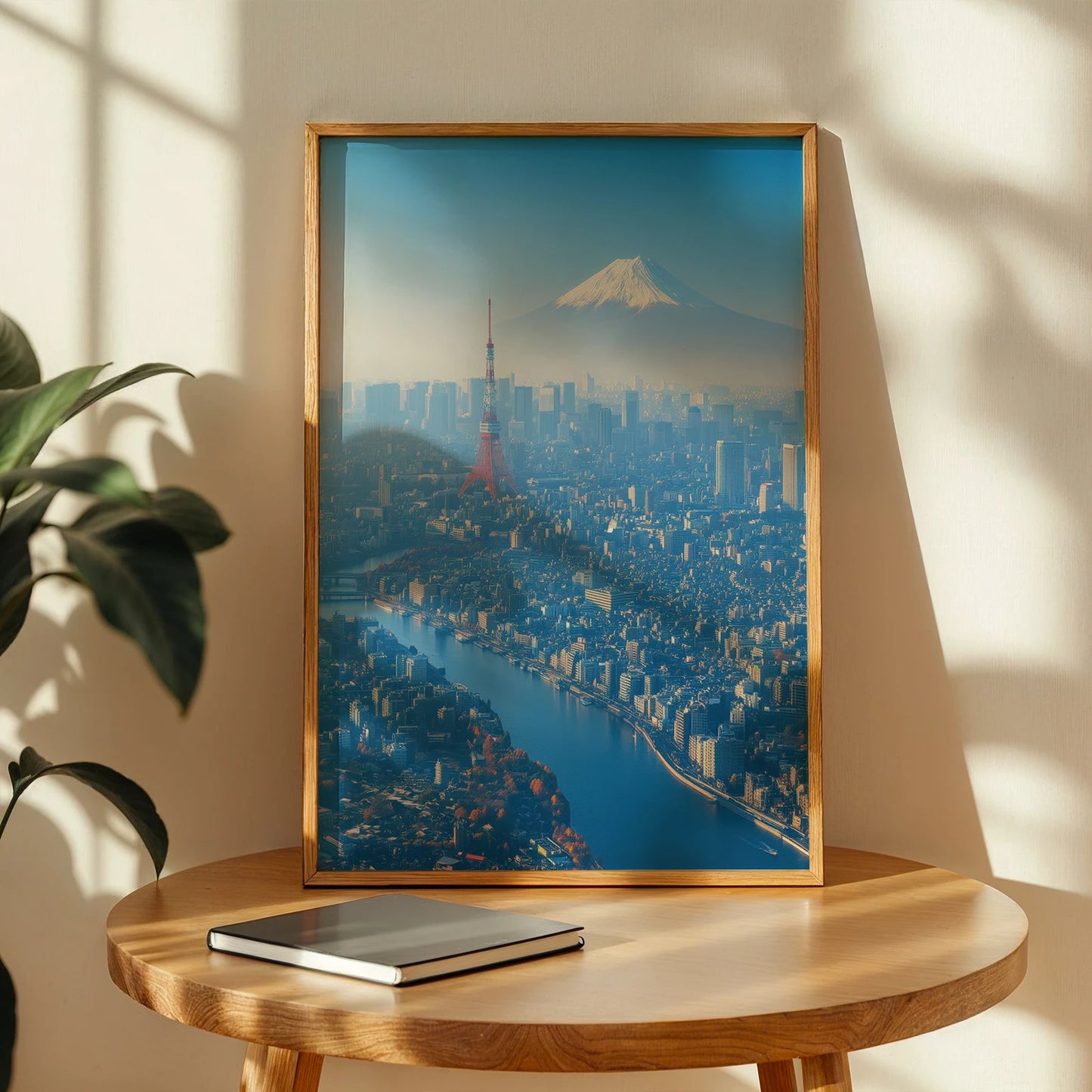 Panoramic shot of Tokyo cityscape featuring red tower and Mount Fuji, travel décor