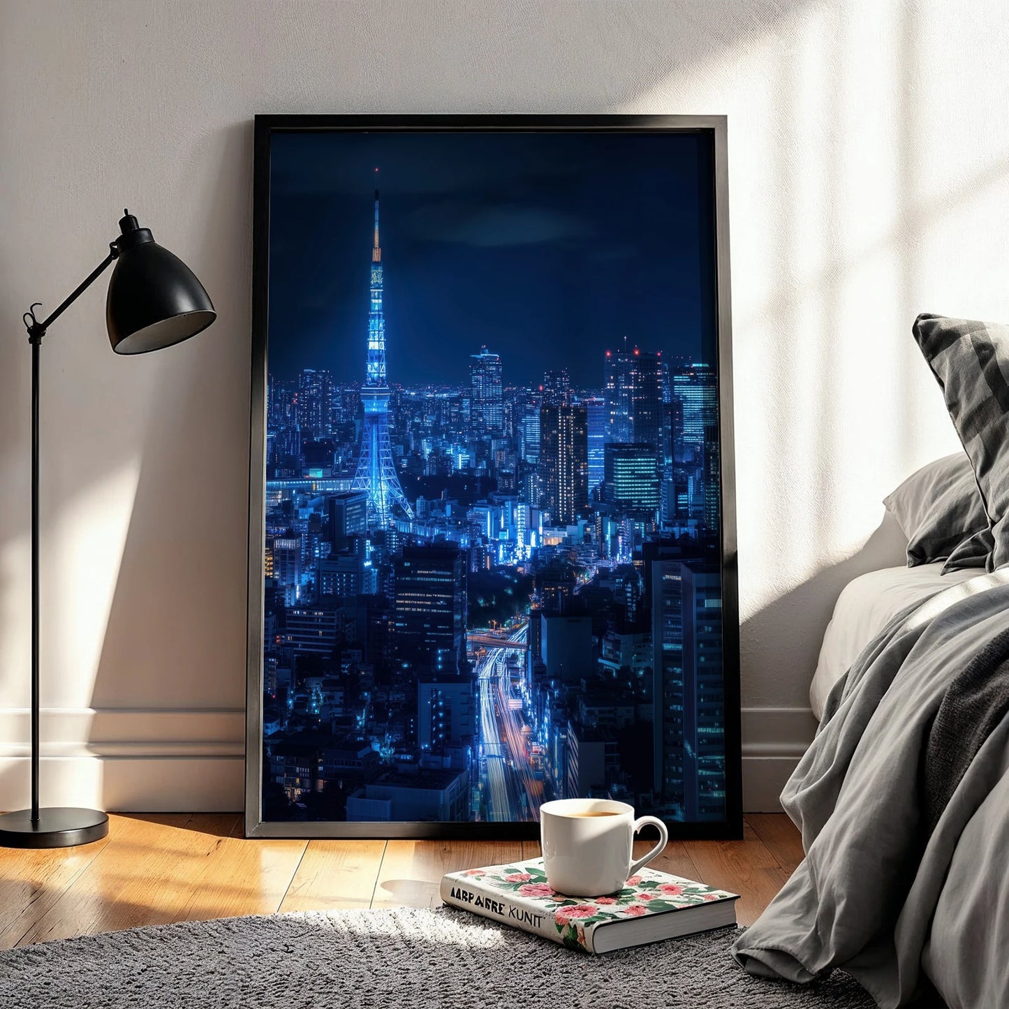 Close-up of Tokyo’s blue-lit skyline and tower, an exclusive travel wall art print.