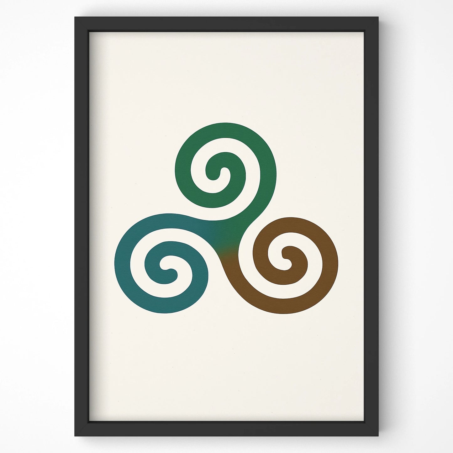 Close-up of the Triple Spiral Celtic symbol in a black frame with a white mount, ideal for Celtic mythology inspired interiors.
