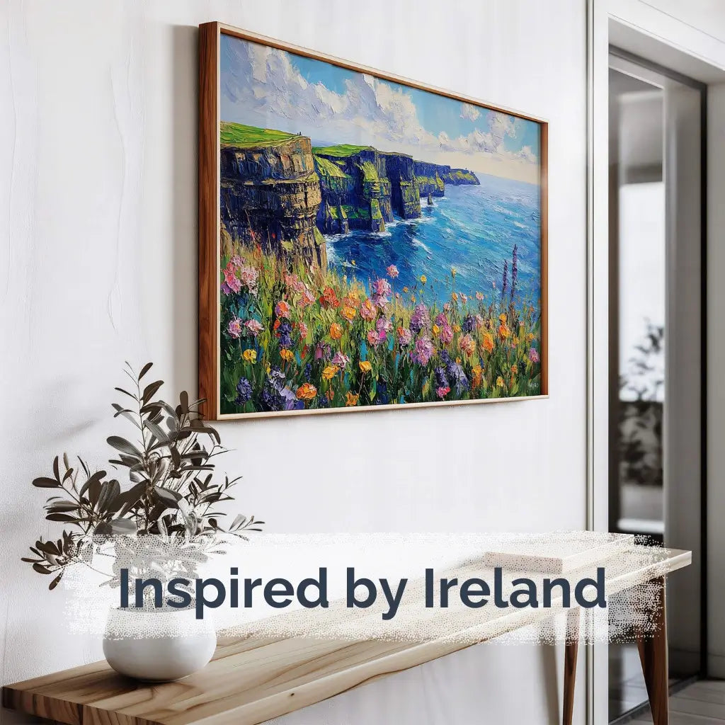 Framed painting of Cliffs of Moher with wildflowers, hung in bright hallway – Irish Wall Art by Artspot