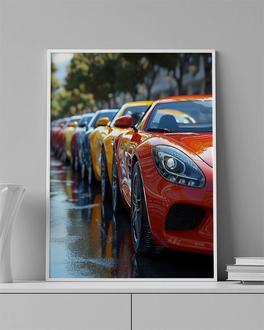 A print showcasing multiple sports car for home decor.