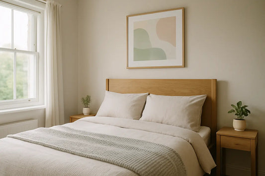 Irish bedroom with oak headboard, framed pastel abstract bedroom print hung above bed, neutral linens and small potted plants.