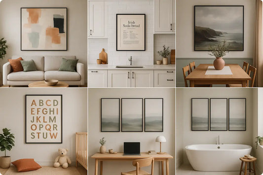 Collage of wall art in six Irish home rooms.