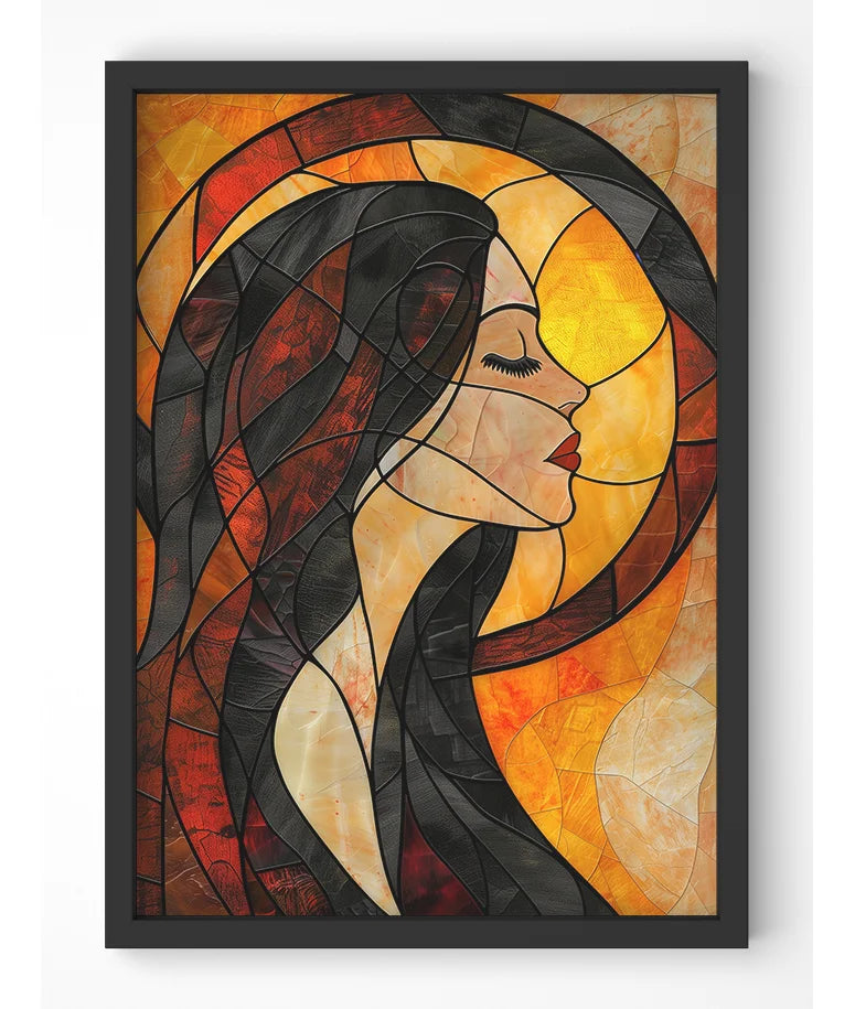 Stylized stained glass artwork featuring a serene woman