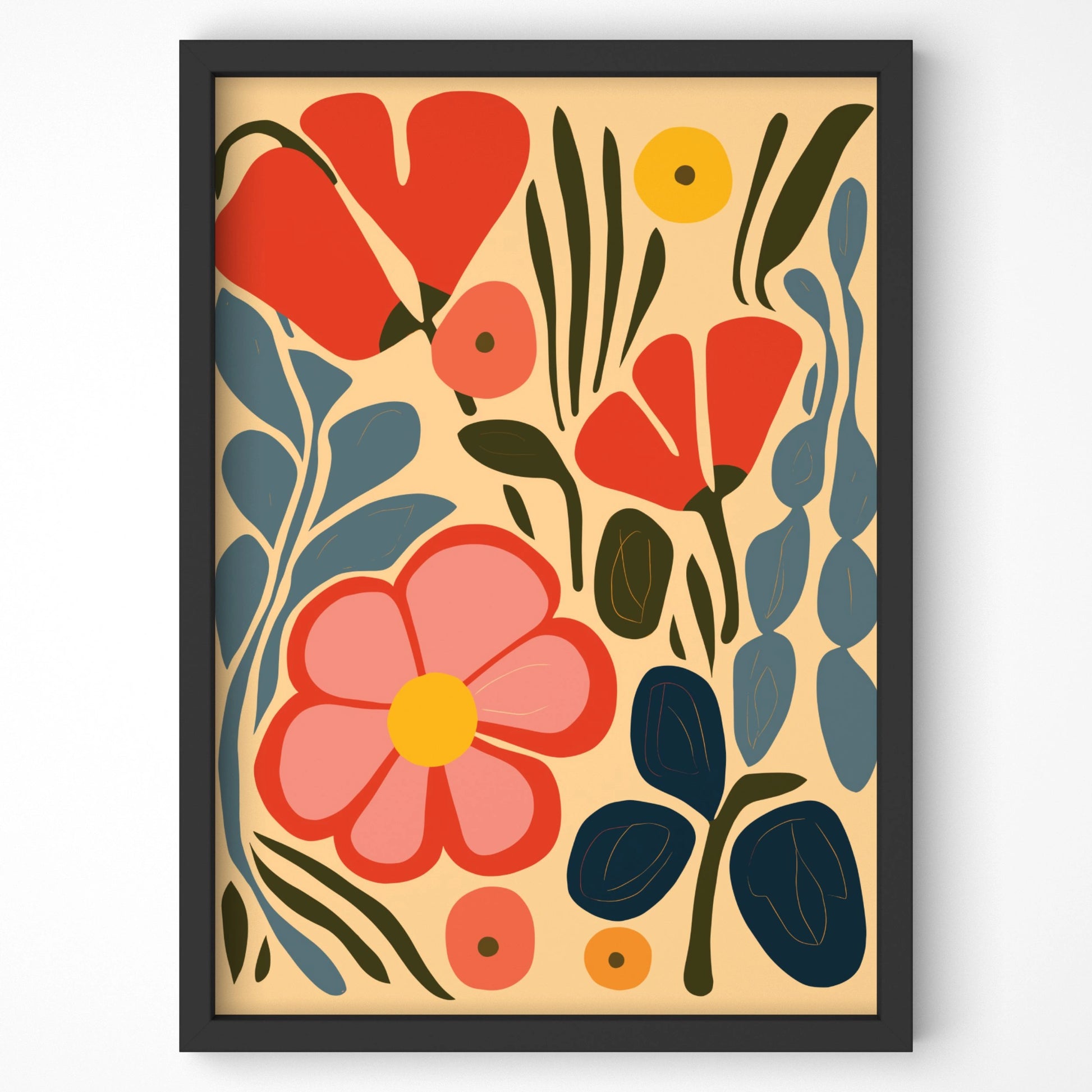 Abstract Floral Print, with red and pink flowers in black frame displayed on the wall.