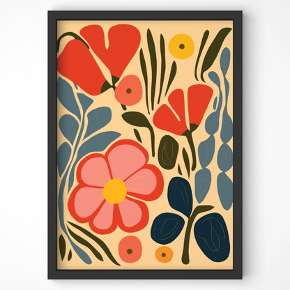 Abstract Floral Print, with red and pink flowers in black frame displayed on the wall.