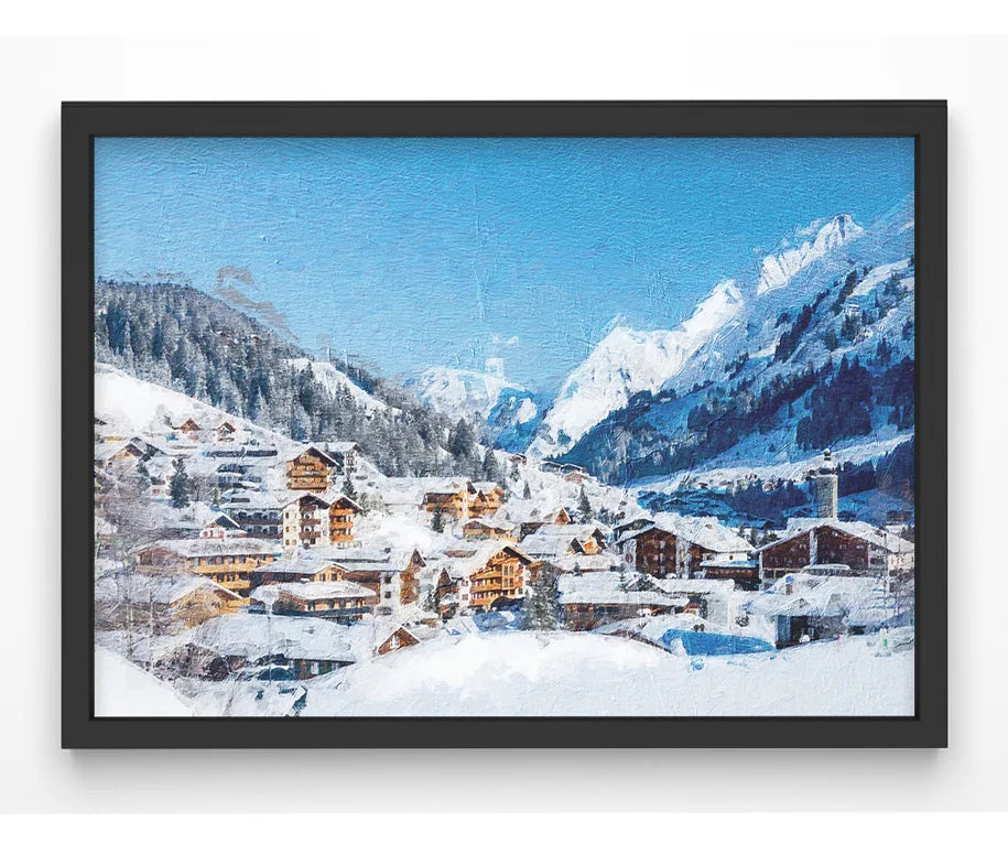 Picturesque Alpine village art print in snow.