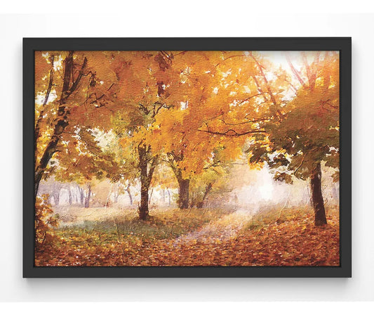 Autumnal pathway print with rocky outcrop and layered orange-yellow canopy.