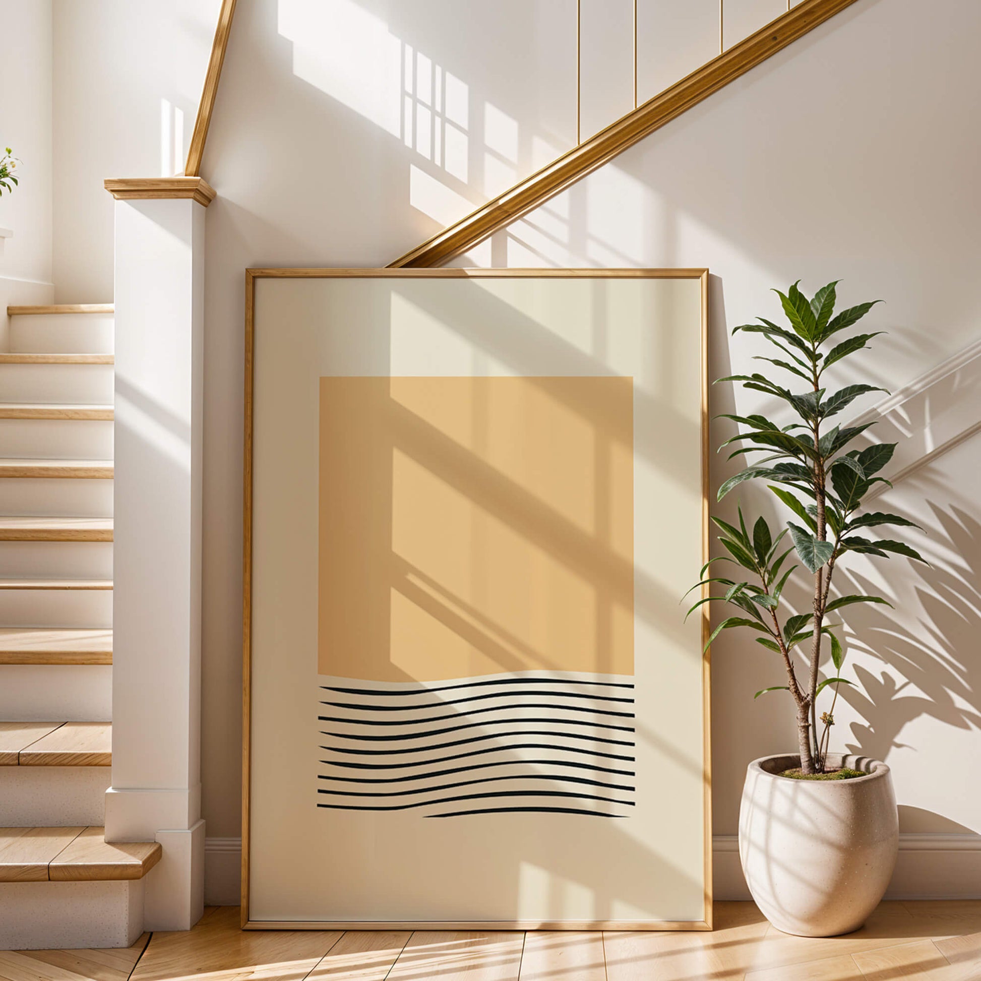 amber waves print framed in large wooden frame displayed in modern home deco house