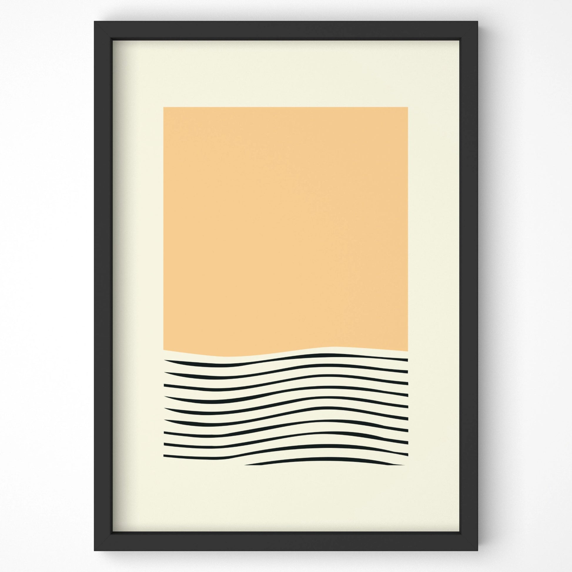 Abstract print featuring a warm amber block over softly curved dark wavy lines. Perfect for modern wall decor.
