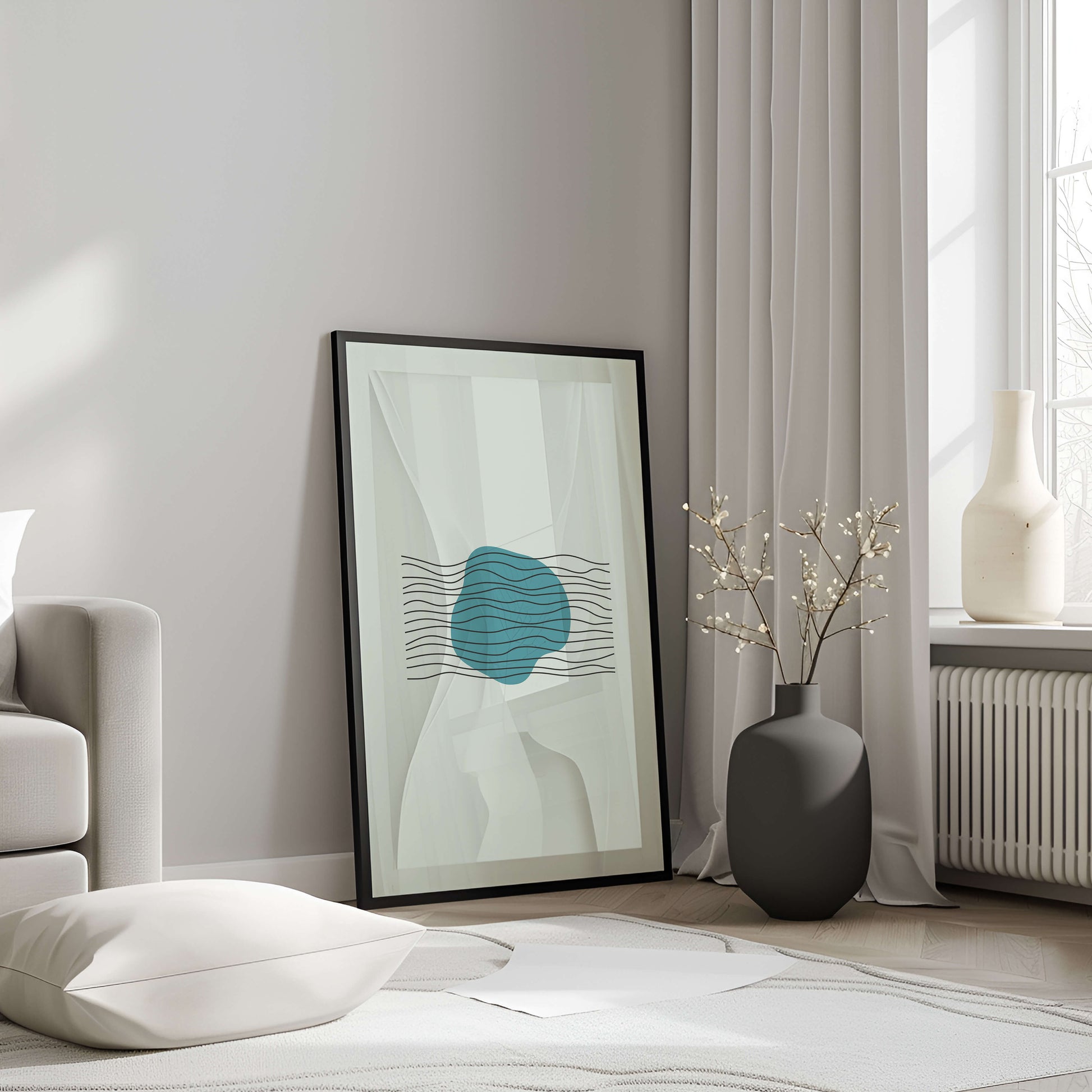 Aqua Harmony Print in a sleek black frame, showcasing teal abstract art with flowing black lines.