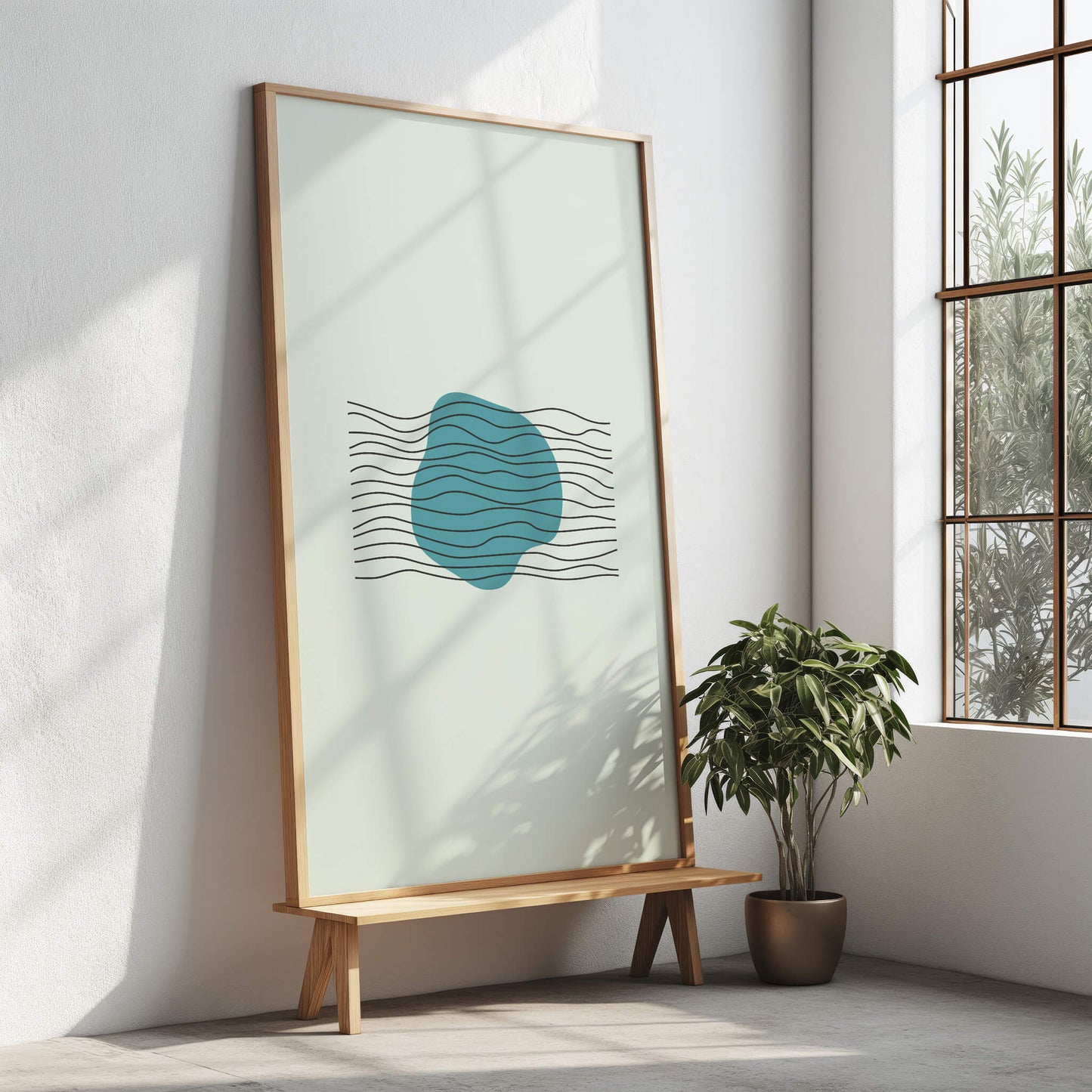 Large Aqua Harmony Print framed, featuring bold teal abstract design with flowing black lines.